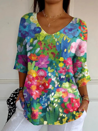 Julika® | Damen Vintage Hübsches Floral Kunst Druck Lässiger Pullover Strick – Mehrfarbig