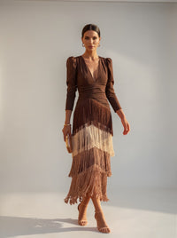 Odelina - Fließendes Fransenkleid – Braun
