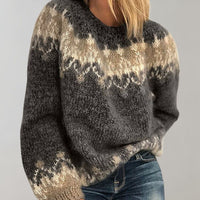 Norweger Grobstrickpullover Damen | Rundhalsausschnitt Mit Muster – Schwarz