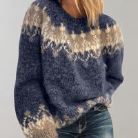 Norweger Grobstrickpullover Damen | Rundhalsausschnitt Mit Muster – Blau