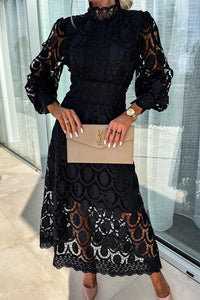 Sanya - Elegantes Spitzenhäkel-Maxikleid – Schwarz