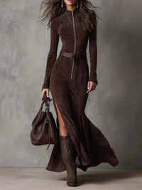 Jess™ - Wildlederkleid mit Gürtel und Reißverschluss – Braun