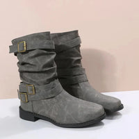 Damen Dirndl Schuhe | Mittelhohe Stiefel Mit Schnallenriemen – Grau