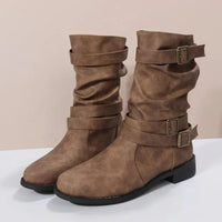 Damen Dirndl Schuhe | Mittelhohe Stiefel Mit Schnallenriemen – Braun