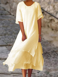 Damen Sommerkleid mit Doppellagen - Kurze Ärmel und Rundhalsausschnitt – Gelb