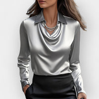 Elegante Damen Satinbluse mit Wasserfallkragen – Grau