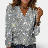 Elegante Damen-Bluse mit V-Ausschnitt und Diamantmuster – Silber
