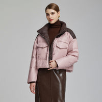 Kurze Puffer Damenjacke in Lederoptik mit hohem Kragen – Rosa