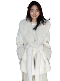 Rervolha | Eleganter Wintermantel aus Kunstfell für Frauen - V-Ausschnitt, lange Ärmel – Weiß