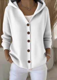 Sofia | Damen Bequem Kapuze Knopfstrickjacke – Weiß