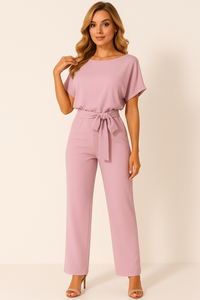 Natalie | Kurzarm Weites Bein Jumpsuit – Rosa