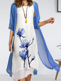 Johanna | Damen Lagenlook Ärmelloses Chiffon Cardigan Set Midikleid – Blau