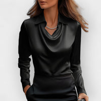 Elegante Damen Satinbluse mit Wasserfallkragen – Schwarz