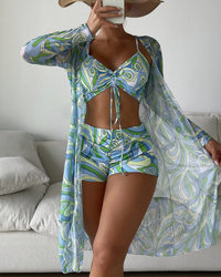 Sommer-Bikini für Damen - Bikini mit hohem Bund und drei Teilen – Grün