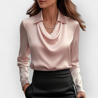 Elegante Damen Satinbluse mit Wasserfallkragen – Rosa