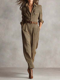Mellura™ - Maßgeschneiderter Tweed-Jumpsuit mit Karomuster und raffinierten Details – Braun