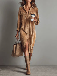 Samira | Damen Casual Knöpfen Midikleid – Khaki