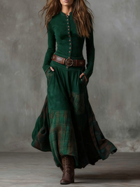 Eleza – Maxikleid Aus Kariertem Wildleder Mit Gürtel – Grün