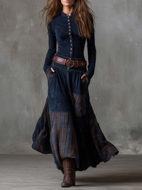 Eleza – Maxikleid Aus Kariertem Wildleder Mit Gürtel – Marine