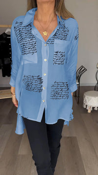 Damen Revers Hemd mit Schriftprint - Elegant & Casual – Blau
