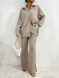 Elegantes Damen-Outfit Set: Langarm-Bluse mit Knopfleiste und elastische Taillenhose für Herbst/Winter – Beige