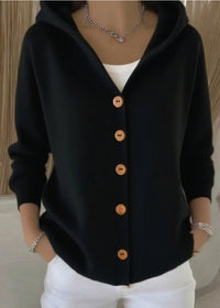 Sofia | Damen Bequem Kapuze Knopfstrickjacke – Schwarz