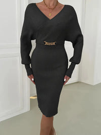 Exxy | Sexy V-Ausschnitt Midikleid mit langen Ärmeln für Herbst und Winter – Schwarz