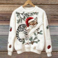 Elisabetta – Plüschpullover Mit Fauler Katze – Weiß
