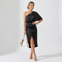 Paula | Damen Festliches One-Shoulder Midikleid – Schwarz