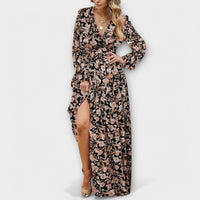Lillian | Romantisches, transparentes Maxikleid mit floralem Design – Kaffee