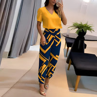 Alexandra | Trendiges Set mit Bluse und Hose – Gelb-Blau Druck