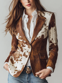 Amelie | Damen Taillierter Retro Kuhmuster Anzugjacke – Braun