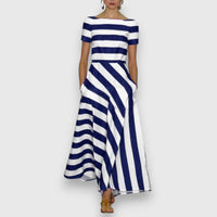 Ana | Damen Casual Kurzen Ärmeln Gestreiftes Maxikleid – Blau