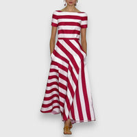 Ana | Damen Casual Kurzen Ärmeln Gestreiftes Maxikleid – Rot