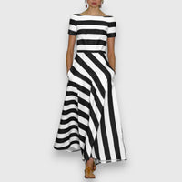 Ana | Damen Casual Kurzen Ärmeln Gestreiftes Maxikleid – Schwarz