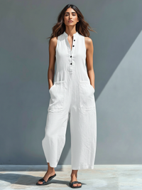 Anastasia | Damen Ärmellos Jumpsuit mit Knopfleiste – Weiß