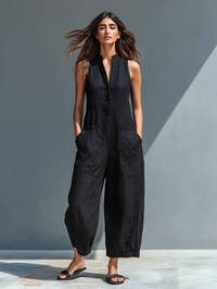 Anastasia | Damen Ärmellos Jumpsuit mit Knopfleiste – Schwarz