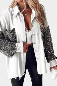 Angelika | Damen Oversized Pailletten Jeansjacke – Weiß