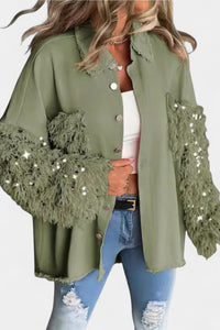 Angelika | Damen Oversized Pailletten Jeansjacke – Grün