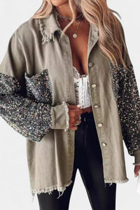 Angelika | Damen Oversized Pailletten Jeansjacke – Khaki