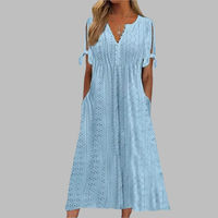 Anneke | Damen Lochstickerei V-Ausschnitt Midikleid – Blau