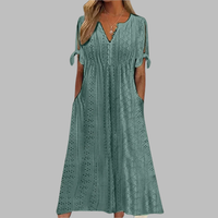Anneke | Damen Lochstickerei V-Ausschnitt Midikleid – Dunkelgrün