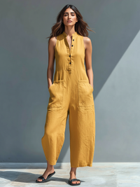 Anneliese | Damen Ärmelloser Jumpsuit mit Knopfverschluss – Gelb