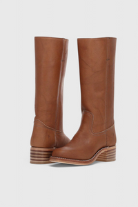 Annika | Damen Kniehohe Blockabsatz Lederstiefel – Dunkelbraun
