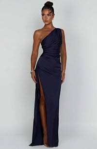Emilia | Damen Elegantes Ein Schulter Ausschnitt Maxikleid – Dunkelblau