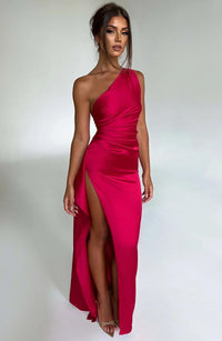 Emilia | Damen Elegantes Ein Schulter Ausschnitt Maxikleid – Rot