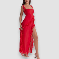 Giorgia | Langes Kleid mit Rüsche – Rot