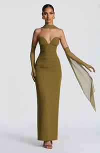 Valentina | Damen Gelber Leichter Stretch Mesh Kleid Schal – Olivgrün