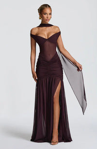 Valentina | Damen Gelber Leichter Stretch Mesh Kleid Schal – Kaffee