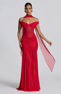 Valentina | Damen Gelber Leichter Stretch Mesh Kleid Schal – Rot